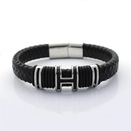 12MM Wide Braided Retro Genuine Leather Bracelet For Men Stainless steel H Bead Bracelets with Magnet Clasp2291