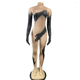 Stage Wear Fashion 2024 Women Stretch Spandex Jumpsuits With Gloves Rhinestone Night Club Las Vegas Showgirl Dance Costume