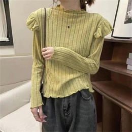 Women's Blouses Comfortable Breathable Top Slim Fit Elegant Half-high Collar Knitted Sweater For Women Thick Ruffle Pullover With