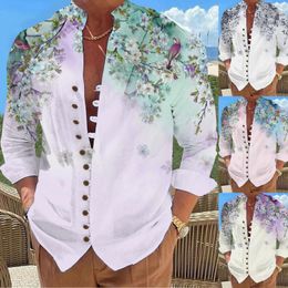 Men's T Shirts Loose Summer Top Print Shirt Mens Holiday Seaside Leisure Button Stand Collar Digital 3D Printed Long Sleeve