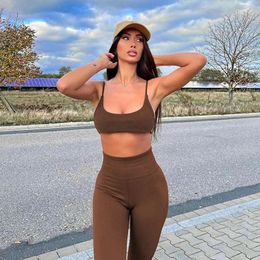 Two Piece Dress 2023 Solid Color Sports Yoga Set With U-neck Ultra Short Strap Backless Vest And HigH Waisted TighT Leggings