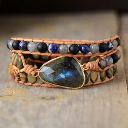 Bangle Unique Chunky Leather Wrap Bracelets W/ Labradorite Jaspers Natural Stone Weaving 3X Statement Strand Bracelet Femme Bijoux