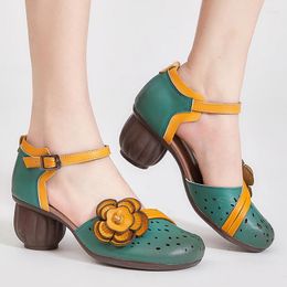 Sandals Birkuir Retro Flowers Women Closed Toe Buckle Gladiator Genuine Leather Luxury Shoes 6cm Thick Heels For Ladies