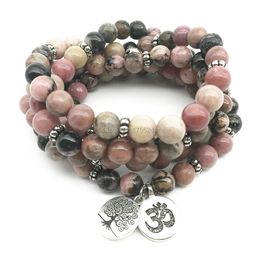 Bangle SN1374 Ohm Tree of Life Beaded Bracelets 108 Mala Bracelet For Women Natural Black Vein Rhodonite Stone Bracelet Free Shipping