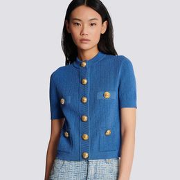2024 b Family Summer Gold Button Style Klein Blue Knitted Cardigan Slim Fit Women's Short Top