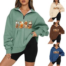 Women's Sweaters TIS THE SEASON Pumpkin Coffee Print Zipper Sweater Jogging Sweatshirt