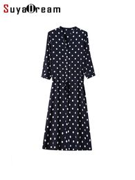 Dresses SuyaDream Women Long Dress 22 Mommy 92%Silk 8%Spandex Dots Printed Sashes Shirt Dresses 2022 Spring Summer Navy Clothes