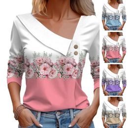 Women's Blouses Slant V Neck Top Flower Print Pullover Blouse For Women Loose Long Sleeve Mid Length With Button Decor Fall Spring
