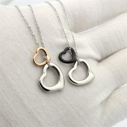 New Arrive Fashion Lady 316L Titanium steel 18K Plated Gold Necklaces With Letter T Hollow Out Double Heart Pendant 3 Color235M