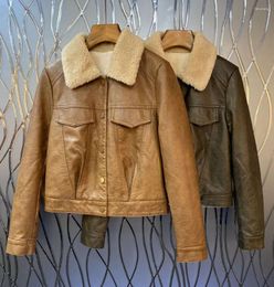 Women's Leather 2023 Winter Women Fur Lining Warm PU Jackets Turn Down Collar Short Faux Coats