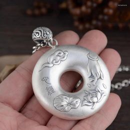 Chains Ethnic Style 925 Silver Whited Glossy Lotus Pattern Necklace Hollow Retro Heart Sutra Round Men's Pendant Banquet Jewelry