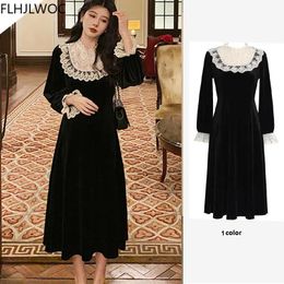 Dresses Hot Sales 2021 Design Fenimine Vestidos Women Fashion Patchwork Vintage White Lace Stand Collar French Style Long Black Dress