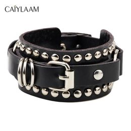 Charm Bracelets CAIYLAAM Punk Style Rivet Leather For Women Rock Jewelry Black And White Men Hip Hop Couple209v