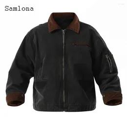 Men's Jackets Samlona Men Vintage Demin Plush American And European Fashion Zipper Pocket Jean Outerwear 2023 Winter Warm Coats