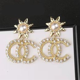 18K Gold Plated Luxury Brand Designers Double Letters Stud Dangle Hoop Geometric Women Sunflower Tassel Crystal Rhinestone Pearl E281T