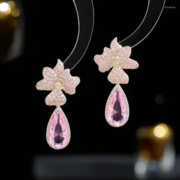 Dangle Earrings Sweet Pink Fower Eardrop For Womne Gold Plated Luxury Wedding Jewellery Shining Cubic Zirconia Earings