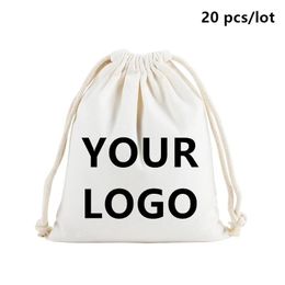 Bags 20 Pcs/Lot Customise Printing Cotton Storage Bags Gift Package Custom Pictures Text Personalise Plain Drawstring Pouches