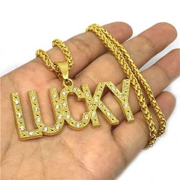 Crystal Letter Lucky Pendants Necklaces Golden Bling Jewellery Gifts Men Women Hip Hop Charm Rhinestone Chains Good Luck252k