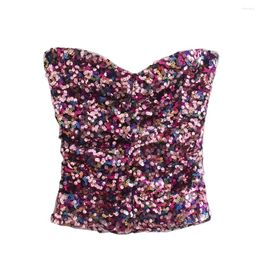 Women's Tanks 2023 Summer Fashion Girl Sexy Wrapped Breast Colorful Tube Top Sequin Design Pleated