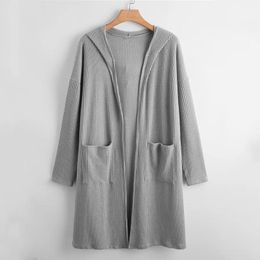Coats Plus Size Open Front Spring Autumn Hooded Cardigan Long Sleeve Pocket Front Ribbed Knit Loose Duster Coat Jacket Large Size 7xl