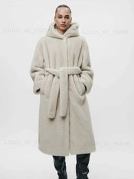 Women's Fur Faux Fur RR2833 X-Long Faux Fur Coats With Hood Winter Warm Fake Mink Fur Jackets Snap Buttons On Front Women Fur Jacket Belt On Waist T231223