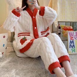 Women's Sleepwear Plush Pyjama Set Lady Winter Warm Cosy Cartoon Fruit Print Thickened Coral Fleece