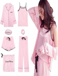 Women's Pink Striped Pajamas Silk Satin Femme Pajama Set 7 Pieces Stitch Lingerie Robe Pyjamas Women Sleepwear Pjs Sh1909055948505 Cy0c