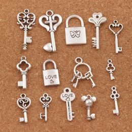 140pcs lot mix Love Key Locket Charm Beads Antique Silver Pendant Jewelry DIY LM47 14styles2422