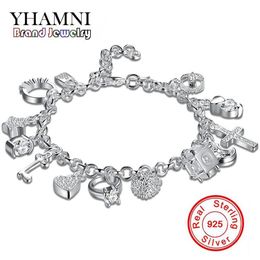 YHAMNI Brand Unique Design 925 Silver Bracelet Fashion Jewellery Charm Bracelet 13 Pendants Bracelets Bangles For Women H144329W