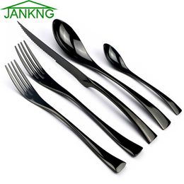 JANKNG 5Pcs Set Cutlery Set 18 10 Stainless Steel Black Dinnerware Serrated Sharp Steak LNIFE Tableware Set Service For 12288