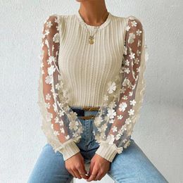 Women's Blouses Elegant Women Shirt See-through Mesh Flower Applique Round Neck Long Sleeve Solid Pullover Blouse Twist Texture OL Commute