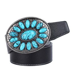 Belts Cowboy Belt Western Leather With Bohemian Faux Turquoise Buckle Black Brown262j
