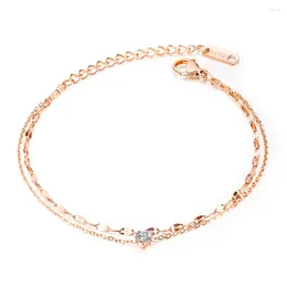 Anklets KONGMOON Clear Cubic Zirconia Double Chain Rose Gold Plated Women Foot Jewelry Stainless Steel Adjustable Anklet Bracelet