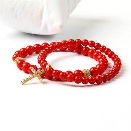 Easter Jewelry Whole 5mm A Grade Dyed Red Coral Stone Clear Cz Jesus Cross Beaded Bracelet For Lover Gift254F