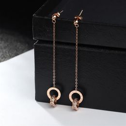 YUN RUO Fashion Double Circle Zircon Tassel Stud Earring Woman Rose Gold Color Titanium Steel Jewelry Birthday Gift Not Fade289f