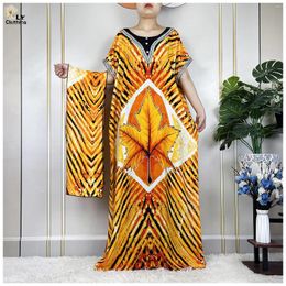 Ethnic Clothing African Women Short Sleeves Printed Floral Cotton Dubai Fashion Femme Loose Robe Islam Nigeria Muslim Abaya Sets With Turban