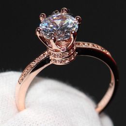 Crown Wedding Band Ring for Women Luxury Jewellery 925 Sterling Silver Rose Gold Filled Round Cut White Topaz Female Engagement Ring3036