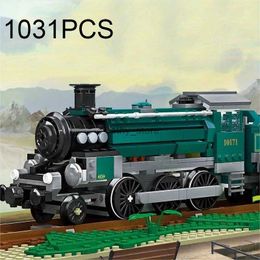 1031PCS Classic Retro Green Steam Model Building Blocks City Rail Transport Train Assembly Bricks Kids Christmas Gifts ToyL231223