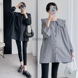 Women's Blouses Shirts Summer Plaid Maternity Blouse Sweet Lovley Loose Tunic Shirt Clothes for Pregnant Women Pregnancy long seelve Tops YQ231223