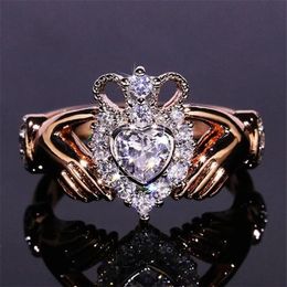 New Women Fashion Jewelry Crown Wedding Ring 925 Sterling Silver&Rose Gold Fill Eternity Popular Women Engagement Claddagh Ring Gi259o