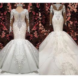 Stunningbride 2024 Luxury Arabic Dubai Crystal Mermaid Wedding Dress Long Sleeves Lace White Appliques Handmade 3D floral Bridal Gowns