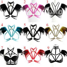 Women Feather Body Harness Bra Gothic Sexy Rave Lingerie Elastic Bondage Suspenders Halloween Costume Punk Goth Belt Garter3900893