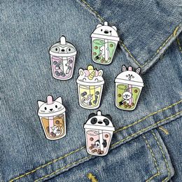 Cute Animal Modelling Pearl Milk Tea Pins Cat Panda Rabbit Bear Unicorn Paint Badge Unisex Children Alloy Bottle Hat Bags Collar Br316w