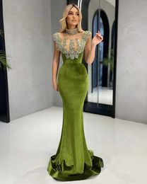 Party Dresses Elegant Green Velvet Mermaid Prom Sleeveless Lace Applique High Neck Beaded Sexy Evening Gown 2024 Vestido De Gala