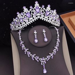 Necklace Earrings Set Purple Colours Wedding Crown Bridal For Women Choker Sets Tiaras Jewellery Prom Costume Accessories