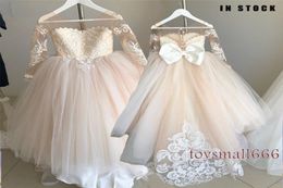 New Bow Lace Ball Gown Flower Girl Dresses For Wedding Sweet Long Sleeve Soft Tulle Girls Princess Communion Dresses FS97806042218