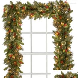 Decorative Flowers Wreaths Christmas Garland Decorations Light With Red Berry 70.8Inch Aesthetic Thickened Battery Operated Pine Drop Dhd7A