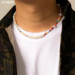 Boho Multicolor Beads Imitation Pearl Necklace For Women Men Kpop Vintage Aesthetic Strand Chain On The Neck Fashion Accessories P272P