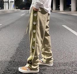 Hip Hop Suede Love Embroidered Letters Casual Pants Mens Straight Colour Block Drawstring Loose Trousers High Street Track Men0393017383