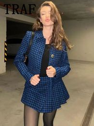 TRAF Cheque Mini Skirts Sets For Women 2 Pieces Cropped Blazer Coat Women s Suit Elegant 2023 Two Piece Set Outfit 231222